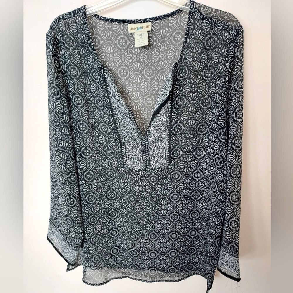 TravelSmith Sheer Flowy Black & White Tunic Petite Boho Festival Hippie Gypsy